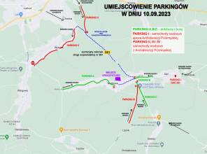Mapa utrudnień na DW881 i parkingów podczas beatyfikacji. Ilustracja: ulmowie.pl
