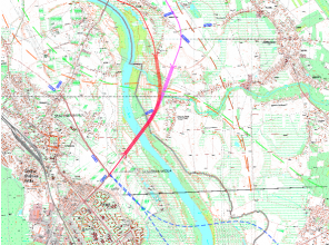 Mapa sytuacyjna z zaznaczonym przebiegiem planowanego nowego odcinka drogi wojewódzkiej nr 855
